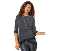 Roman Originals Women Shimmer Top with Necklace - Ladies Glitter Metallised Fibre Stretch Jersey Crossover Wrap Dipped Hem Evening Party Blouse - Black - Size 12