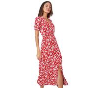 Roman Originals Women Shirred Waist Dress Ladies Spring Everyday Summer Holiday V-Neckline Comfy 3/4 Sleeve Soft Tassle Detail Frock Vacation Gowns Chiffon Maxi Midi Wrap - Red & White - Size 14