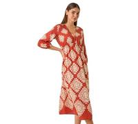 Roman Originals Women Shirred Waist Dress Ladies Spring Everyday Summer Holiday V-Neckline Comfy 3/4 Sleeve Soft Tassle Detail Frock Vacation Gowns Chiffon Maxi Midi Wrap - Rust - Size 20