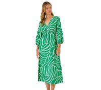 Roman Originals Women Shirred Waist Dress Ladies Spring Everyday Summer Holiday V-Neckline Comfy 3/4 Sleeve Soft Tassle Detail Frock Vacation Gowns Chiffon Maxi Midi Wrap - Green Abstract - Size 12