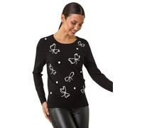 Roman Originals Women Sparkly Embellished Jumper Ladies Diamante Sequin Hotfix Winter Sweater NYE New Year's Eve Christmas Party Going Out Shiny Smart Work Pullover - Noir Bow - Size 14