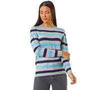 Roman Originals Women Stripe Print Jumper - Ladies Spring Everyday Summer Holiday Crew Neckline Comfy Long Sleeve Soft Star Pull Over Hem Sweaters - Blue - Size 12