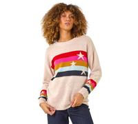 Roman Originals Women Stripe Print Jumper - Ladies Spring Everyday Summer Holiday Crew Neckline Comfy Long Sleeve Soft Star Pull Over Hem Sweaters - Natural Multi - Size 14