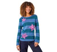 Roman Originals Women Stripe Print Jumper - Ladies Spring Everyday Summer Holiday Crew Neckline Comfy Long Sleeve Soft Star Pull Over Hem Sweaters - Petrol Blue - Size 20