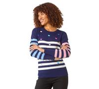 Roman Originals Women Stripe Print Jumper - Ladies Spring Everyday Summer Holiday Crew Neckline Comfy Long Sleeve Soft Star Pull Over Hem Sweaters - Navy Multi - Size 16
