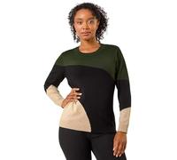 Roman Originals Women Stripe Print Jumper Ladies Winter Autumn Knit Knitted Sweater Embroidered Knitwear Casual Smart Round Crew Neck Pull Over Everyday Going Out Party - Petite Khaki - Size 18