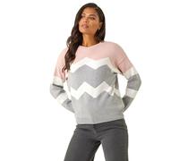 Roman Originals Women Stripe Print Jumper Ladies Winter Autumn Knit Knitted Sweater Embroidered Knitwear Casual Smart Round Crew Neck Pull Over Everyday Going Out Party - Pink - Size 12