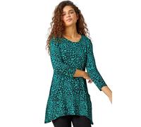 Roman Originals Women's Longline Long Stretch Jersey Tunic Blouse with Pockets, 3/4 Sleeve, Round Neck, Hanky Hem, Tie Dye Print, Regular Fit