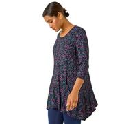 Roman Originals Women's Longline Long Stretch Jersey Tunic Blouse with Pockets, 3/4 Sleeve, Round Neck, Hanky Hem, Tie Dye Print, Regular Fit