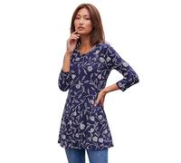 Roman Originals Women's Longline Long Stretch Jersey Tunic Blouse with Pockets, 3/4 Sleeve, Round Neck, Hanky Hem, Tie Dye Print, Regular Fit