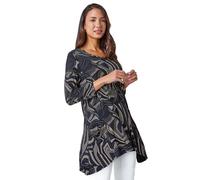 Roman Originals Women's Longline Long Stretch Jersey Tunic Blouse with Pockets, 3/4 Sleeve, Round Neck, Hanky Hem, Tie Dye Print, Regular Fit