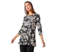 Roman Originals Women's Longline Long Stretch Jersey Tunic Blouse with Pockets, 3/4 Sleeve, Round Neck, Hanky Hem, Tie Dye Print, Regular Fit