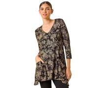 Roman Originals Women's Longline Long Stretch Jersey Tunic Blouse with Pockets, 3/4 Sleeve, Round Neck, Hanky Hem, Tie Dye Print, Regular Fit