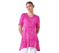 Roman Originals Women's Longline Long Stretch Jersey Tunic Blouse with Pockets, 3/4 Sleeve, Round Neck, Hanky Hem, Tie Dye Print, Regular Fit