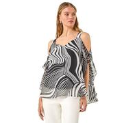 Roman Originals Womens Oriental Cold Shoulder Top - Ladies Round Neck Everyday Smart Casual Work Office Meeting Comfortable Round Neck Jersey Tops - Noir Ivory - Size 16