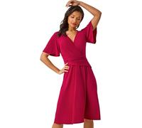 Roman Originals Wrap Over Stretch Midi Dress for Women UK - Ladies Everyday Holiday Spring Summer V-Neckline Comfy Soft Evening Vacation Work Party - Dark Magenta - Size 20