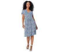 Roman Originals Wrap Tea Dress for Women UK Ladies Fit Flare Skater Swing Stretch Frill Long & Short Sleeve Evening Cocktail Party Work Office Smart Casual Knee Length - Petite Navy White - Size 16