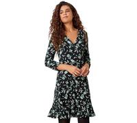 Roman Originals Wrap Tea Dress for Women UK Ladies Fit Flare Skater Swing Stretch Frill Long Sleeve Summer Evening Cocktail Party Work Office Casual Knee Length Midi - Black Green - Size 20