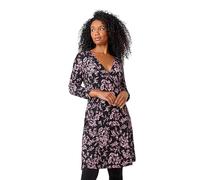 Roman Originals Wrap Tea Dress for Women UK Ladies Fit Flare Skater Swing Stretch Frill Long Sleeve Summer Evening Cocktail Party Work Office Casual Knee Length Midi - Black Pink - Size 16