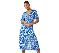 Roman Originals Wrap Tea Dress for Women UK Ladies Fit Flare Skater Swing Stretch Frill Long Sleeve Summer Evening Cocktail Party Work Office Casual Knee Length Midi - Floral Royal Blue - Size 10
