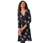Roman Originals Wrap Tea Dress for Women UK Ladies Fit Flare Skater Swing Stretch Frill Long Sleeve Summer Evening Cocktail Party Work Office Casual Knee Length Midi - Black Multi - Size 12