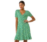 Roman Originals Wrap Tea Dress for Women UK Ladies Fit Flare Skater Swing Stretch Frill Long Sleeve Summer Evening Cocktail Party Work Office Casual Knee Length Midi - Ditsy Green - Size 20