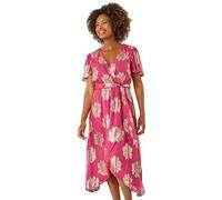 Roman Originals Wrap Tea Dress for Women UK Ladies Fit Flare Skater Swing Stretch Frill Long Sleeve Summer Evening Cocktail Party Work Office Casual Knee Length Midi - Pink Jacquard - Size 12