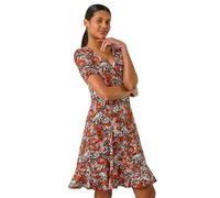 Roman Originals Wrap Tea Dress for Women UK Ladies Fit Flare Skater Swing Stretch Frill Long Sleeve Summer Evening Cocktail Party Work Office Casual Knee Length Midi - Floral Rust - Size 12