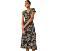 Roman Originals Wrap Tea Dress for Women UK Ladies Fit Flare Skater Swing Stretch Frill Long Sleeve Summer Evening Cocktail Party Work Office Casual Knee Length Midi - Navy Leaf - Size 20