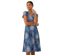 Roman Originals Wrap Tea Dress for Women UK Ladies Fit Flare Skater Swing Stretch Frill Long Sleeve Summer Evening Cocktail Party Work Office Casual Knee Length Midi - Abstract Navy - Size 16