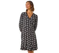 Roman Originals Wrap Tea Dress for Women UK Ladies Fit Flare Skater Swing Stretch Frill Long Sleeve Summer Evening Cocktail Party Work Office Casual Knee Length Midi - Noir Leaf - Size 18