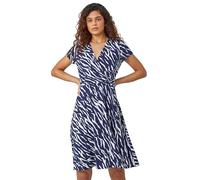 Roman Originals Wrap Tea Dress for Women UK Ladies Fit Flare Skater Swing Stretch Frill Long Sleeve Summer Evening Cocktail Party Work Office Casual Knee Length Midi - Navy & White - Size 20