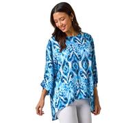 Roman Overlay Top for Women UK - Ladies Summer Blouse Spring Everyday Holiday Autumn Work Winter Round Neckline Comfy Pull-On Soft Vacation 3/4 Length Sleeves - Ikat Blue - Size 18