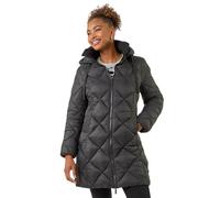 Roman Padded Coat for Women UK - Ladies Longline Puffer Winter Quilted Parka Waterproof Rainproof Wind Resistant Thermal Jacket Long Length Warm Zip Hood Puffa Cosy - Black - Size 12