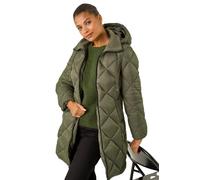 Roman Originals Padded Coat for Women UK - Ladies Longline Puffer Winter Quilted Parka Waterproof Rainproof Wind Resistant Thermal Jacket Long Length Warm Zip Hood Puffa Cosy - Matte Khaki - Size 20