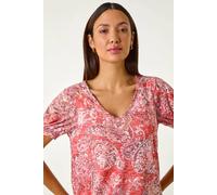 Roman Blouson Top for Women Ladies Bubble Hem Stretchy Jersey Puff Sleeve Summer Smart Casual Office Work Spring Everyday Evening Vacation Work Holiday V Neck - Red - Size 18