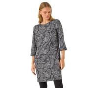 Roman Paisley Button Detail Shift Dress for Women UK - Ladies Autumn Everyday Winter Holiday Round Neckline Comfy 3/4 Length Sleeve Soft Knee Length Frock Dinner Date Gowns - Dark Grey - Size 10