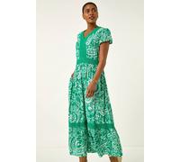 Roman Originals Paisley Lace Trim Maxi Dress for Women UK - Ladies Everyday Holiday Spring Summer V-Neckline Comfy Soft Evening Vacation Work Party - Green - Size 10