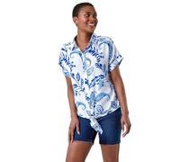 Roman Paisley Leaf Print Tie Front Top for Women UK - Ladies Spring Everyday Summer Holiday Short Sleeves Soft Button Up Comfy V-Neckline Shirt Vacation Beach Blouses - Blue - Size 18