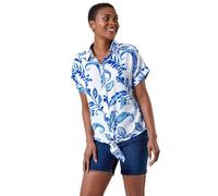 Roman Paisley Leaf Print Tie Front Top for Women UK - Ladies Spring Everyday Summer Holiday Short Sleeves Soft Button Up Comfy V-Neckline Shirt Vacation Beach Blouses - Blue - Size 14