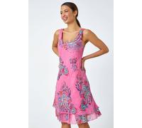 Roman Originals Paisley Print Cotton Layered Dress for Women UK - Ladies Everyday Holiday Spring Summer Round Neckline Comfy Soft Evening Vacation Work Party - Pink Blue - Size 16