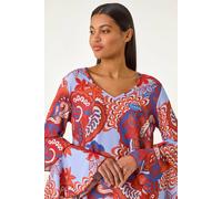 Roman Paisley Print Flared Sleeve Top In Orange Orange 14