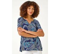 Roman Women's Paisley Print Gathered Stretch Top in Blue | Size: 12 Roman Blue 12
