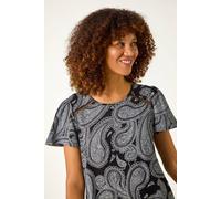 Roman Originals Paisley Print Ladder Trim Top for Women UK - Ladies Everyday Autumn Winter Round Neckline Comfy Soft Evening Vacation Work Party Night Out - Black - Size 16