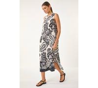 Roman Originals Paisley Print Midi Dress for Women UK - Ladies Everyday Holiday Spring Summer Round Neckline Comfy Soft Evening Vacation Work Party - Black - Size 20