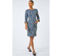 Roman Originals Women Shift Dress with Pockets - Ladies Autumn Winter Tunic 3/4 Length Sleeve Knee Length Smart Casual Office Work Cocktail Party Round Neckline Comfy Soft - Blue Paisley - Size 18