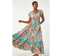 Roman Originals Shirred Empire Waist Dress for Women UK Ladies Midi Maxi Summer Spring Tiered Frill Hem Short Sleeve V Neck Button Through Boho Bohemian Holiday Cruise - Blue Multicolour - Size 18