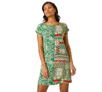 Roman Originals Paisley Print Smocked T-Shirt Dress for Women UK - Ladies Everyday Holiday Spring Summer Round Neckline Comfy Soft Evening Vacation Work Party - Green - Size 16