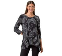 Roman Originals Hanky Hem Tunic Top for Women UK - Ladies Longline Blouse Asymmetric Hemline Casual Slouch Loose 3/4 Sleeves Round Neck Relaxed Comfortable Holiday - Blue Noir - Size 12