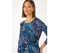 Roman Originals Animal Print Stretch Twist Detail Top for Women UK - Ladies Everyday Holiday Spring Summer Round Neckline Comfy Soft Evening Vacation Work Party - Paisley Blue - Size 20